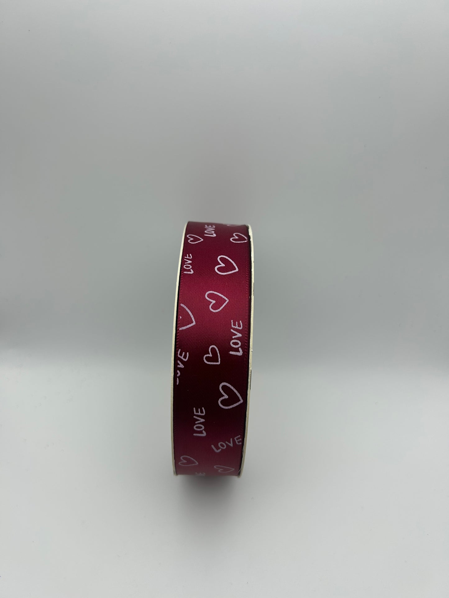 1 inch Satin Ribbon- Burgandy with white hearts and love