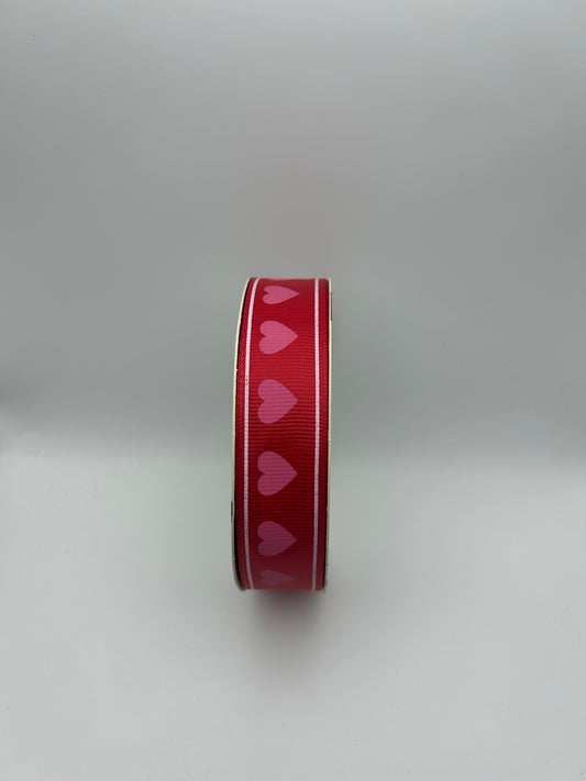 1 inch Ribbon- Red with Pink Hearts