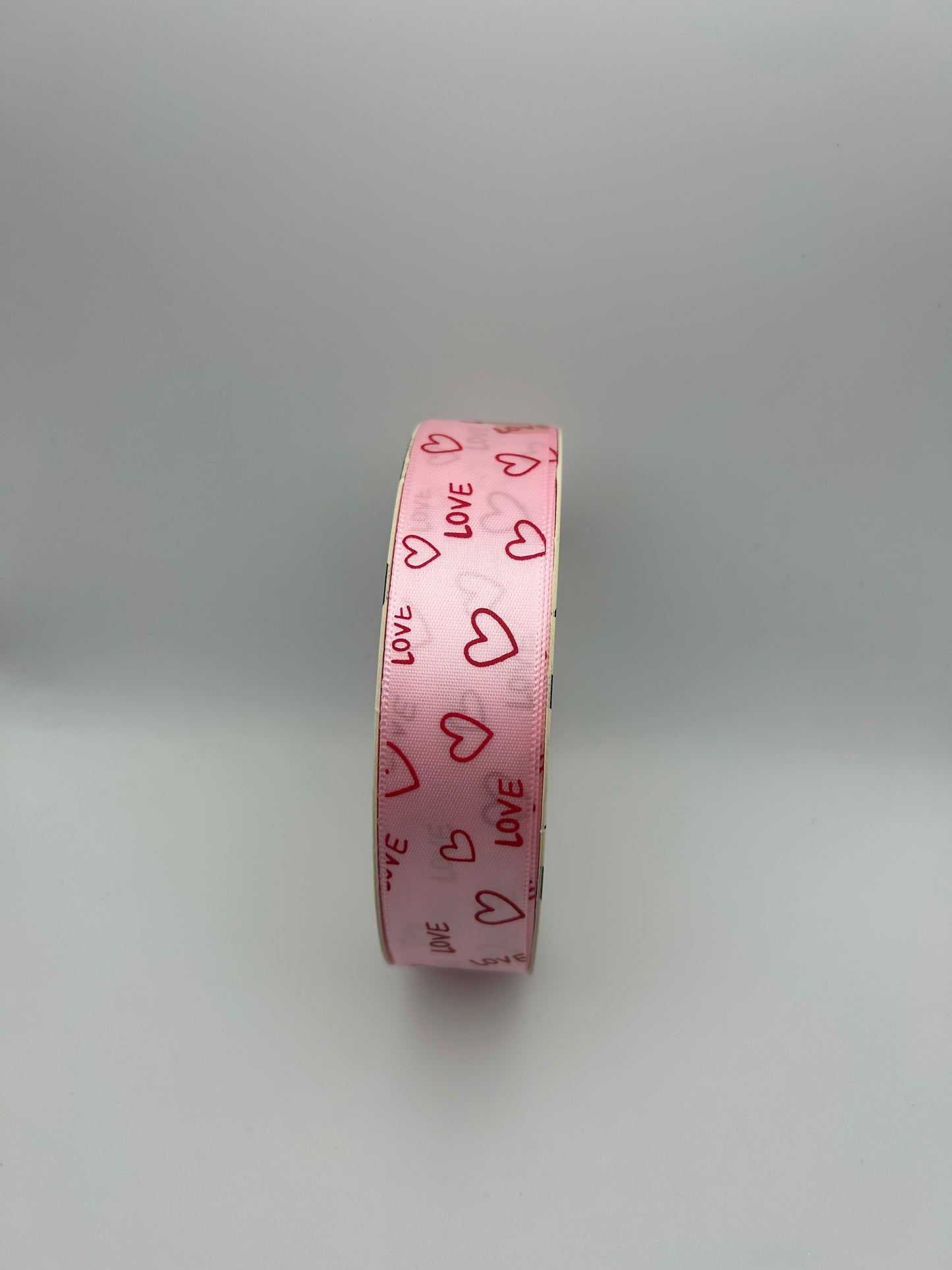1 inch Satin Ribbon- Pink with Red hearts and love
