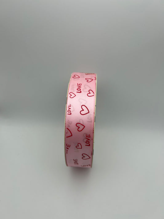 1 inch Satin Ribbon- Pink with Red hearts and love