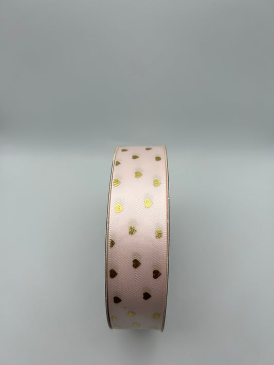 1 inch Satin Ribbon- Blush Pink with Gold hearts