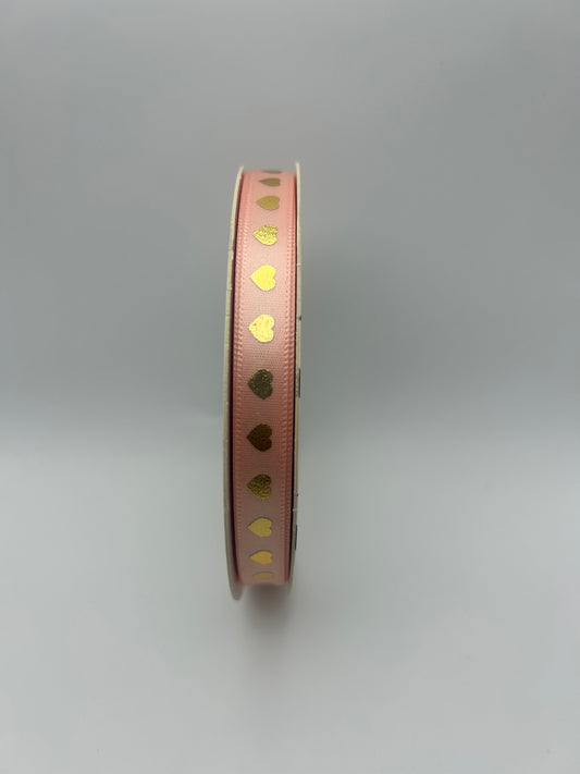 3/8 inch Satin Ribbon- Peach with Gold Hearts