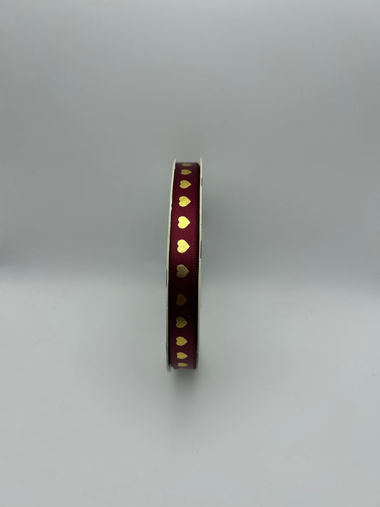 3/8 inch Satin Ribbon- Burgandy with Gold Hearts