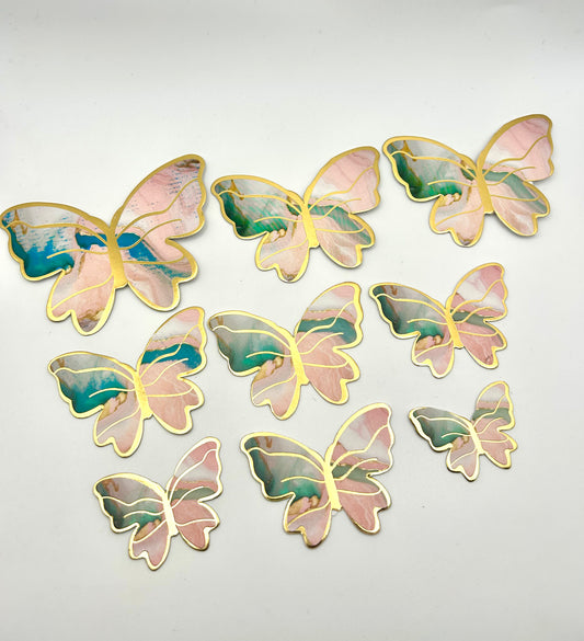 Marbled teal and pink butterflies